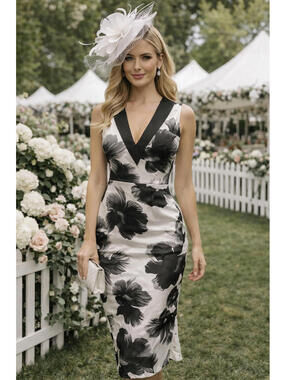 Julia Allert Black White Floral Midi Dress Size Medium NWT Sleeveless V-Neck Mod